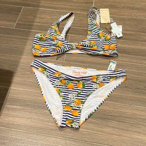 Cabana Del Sol Women Orange Print Stripes Blue Bathing Suit Bikini Size Large